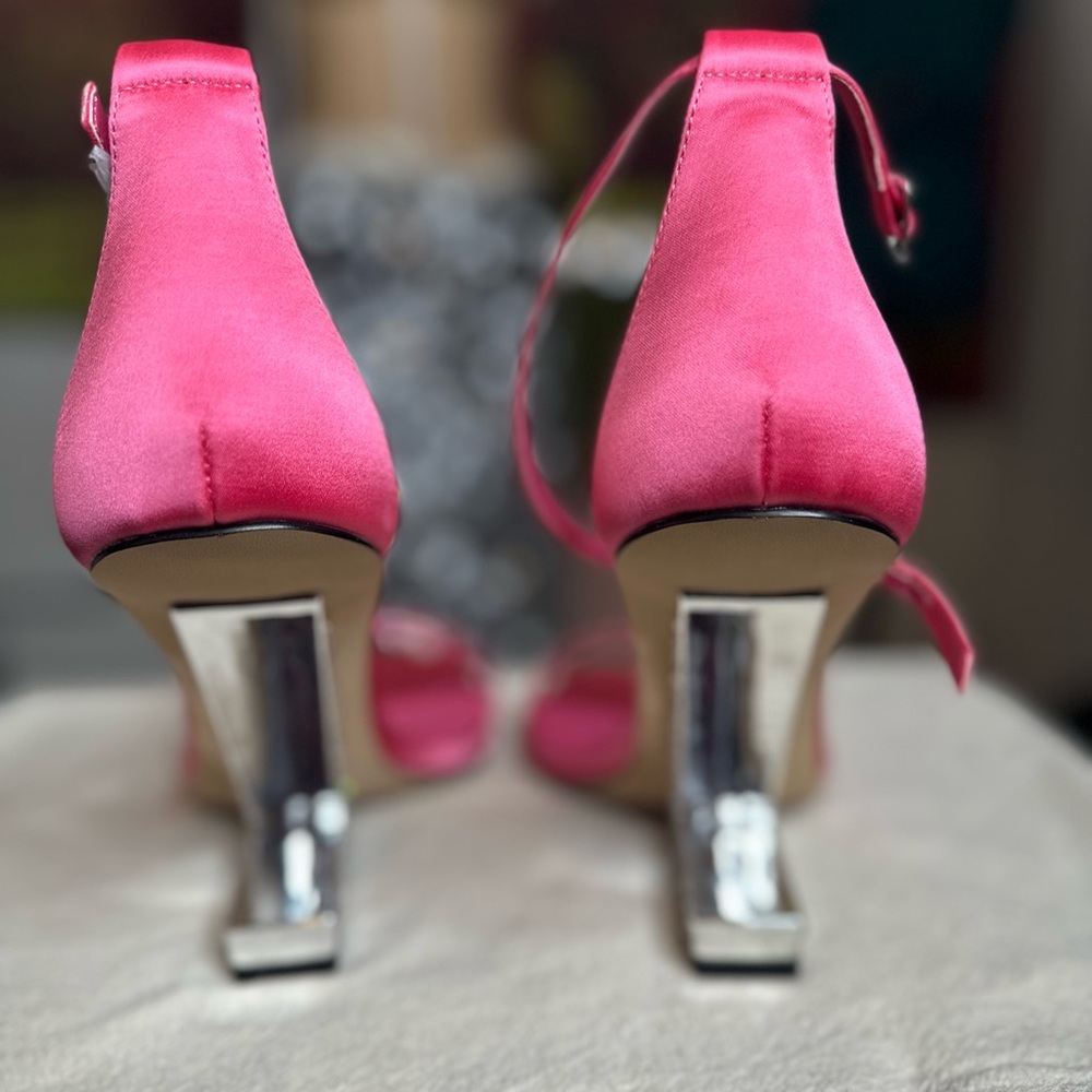Elegant Pink Satin Ankle Strap Sandals Rhinestone Heel Sz 11 - Picture 4 of 9
